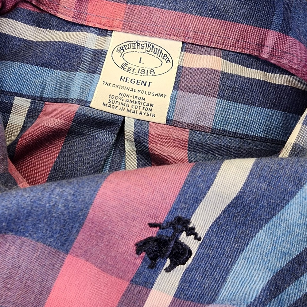 Brooks Brothers 1818‎ Men's L Regent Blue Pink Plaid Long Sleeve Button Shirt